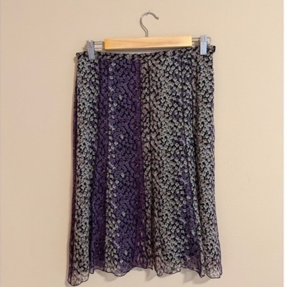 Sunny Leigh 100% Silk Purple‎ Floral A-Line Panel Skirt